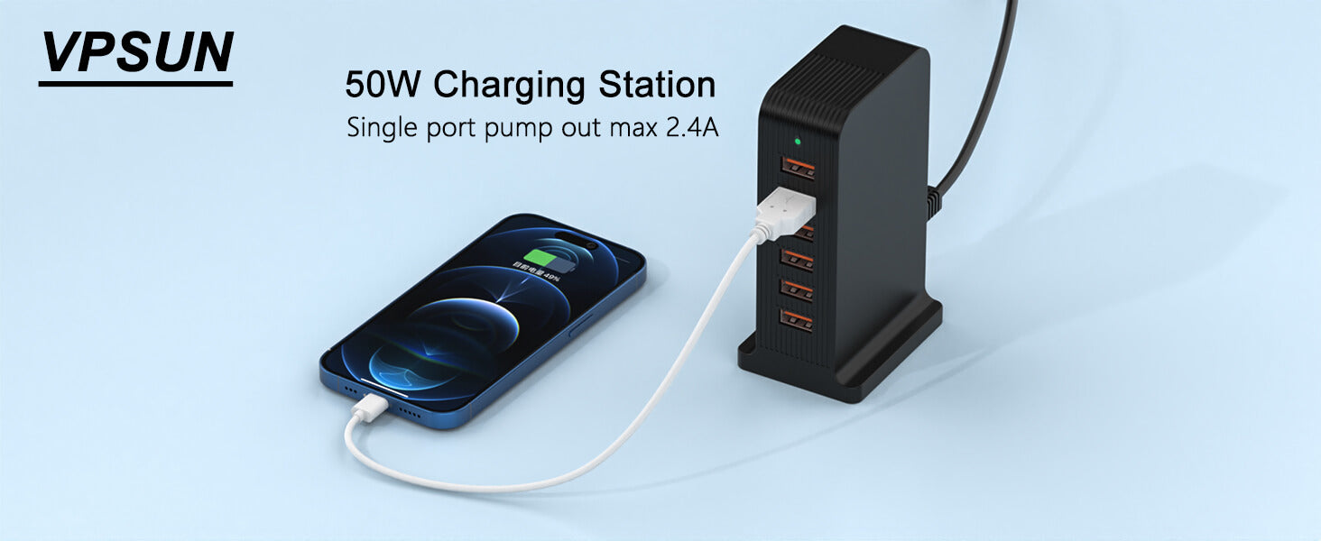 VPSUN 50W USB Charging Station - Single port output up to 2.4A, shown charging a smartphone. Efficient power delivery for multiple devices