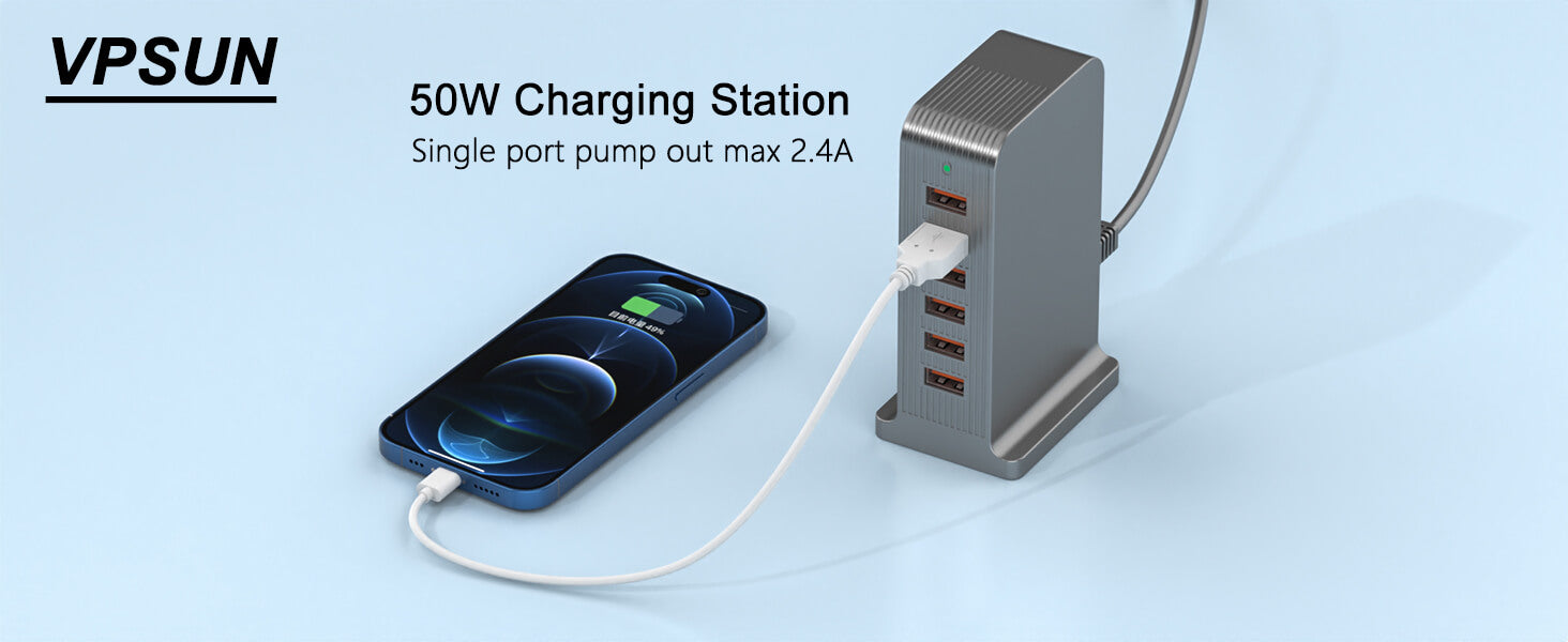 VPSUN 50W Charging Station powering an iPhone with a single port output of max 2.4A