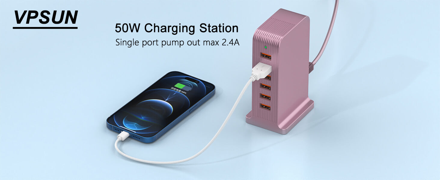 VPSUN 50W 6-Port USB Charging Station in rose pink, single port output max 2.4A, charging a smartphone.