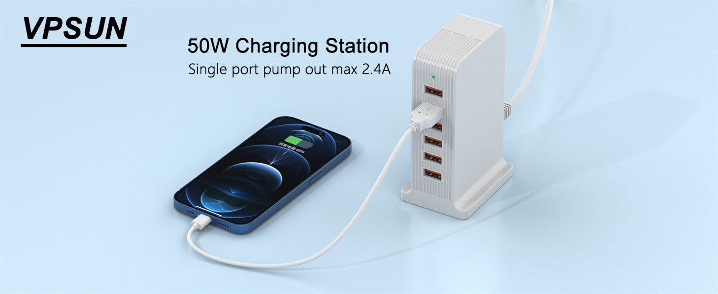 VPSUN 50W 6-Port USB Charging Station, single port output max 2.4A, charging a smartphone