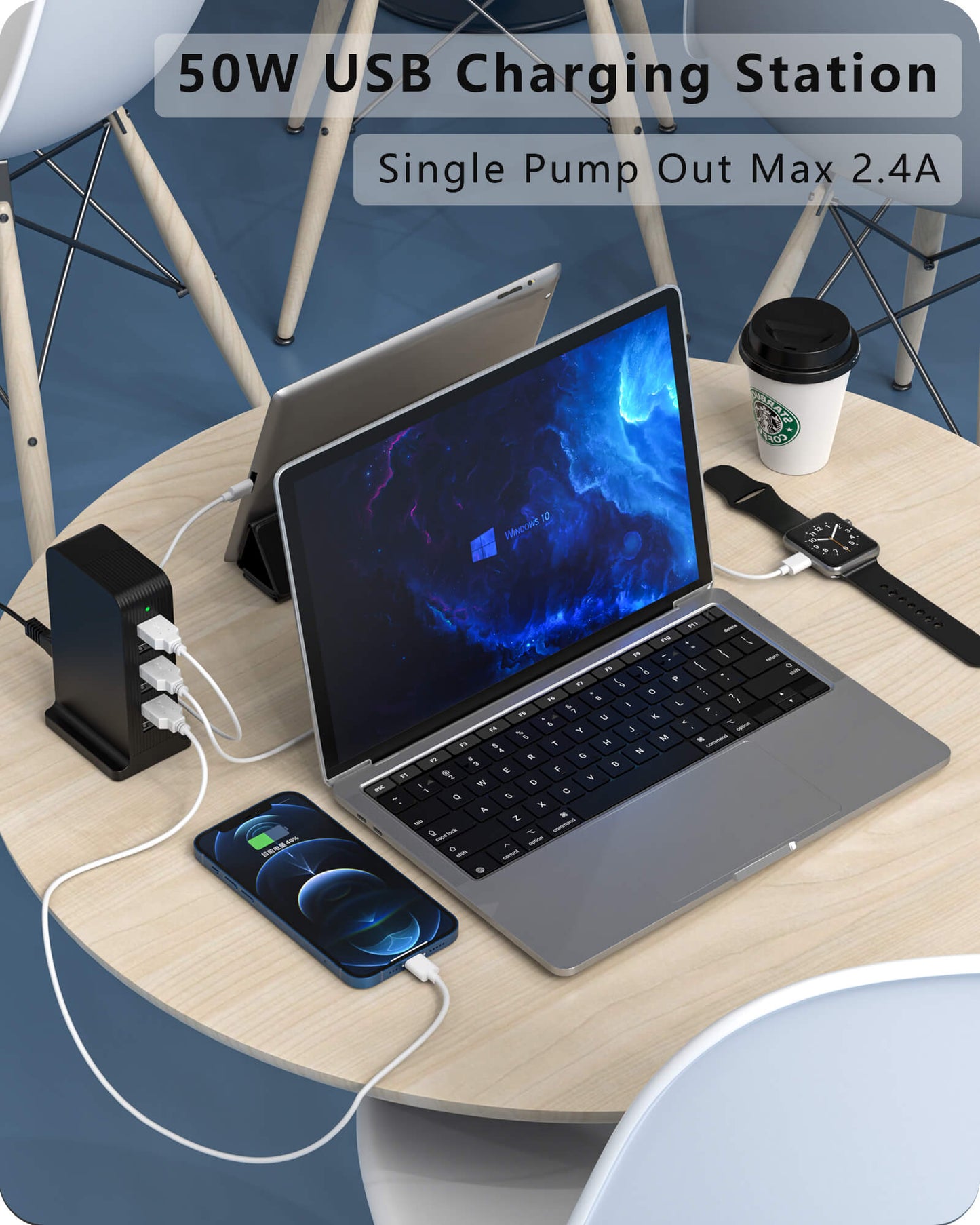 VPSUN 50W USB Charging Station on a table - Charging multiple devices including a laptop, smartphone, and smartwatch. Single port output max 2.4A