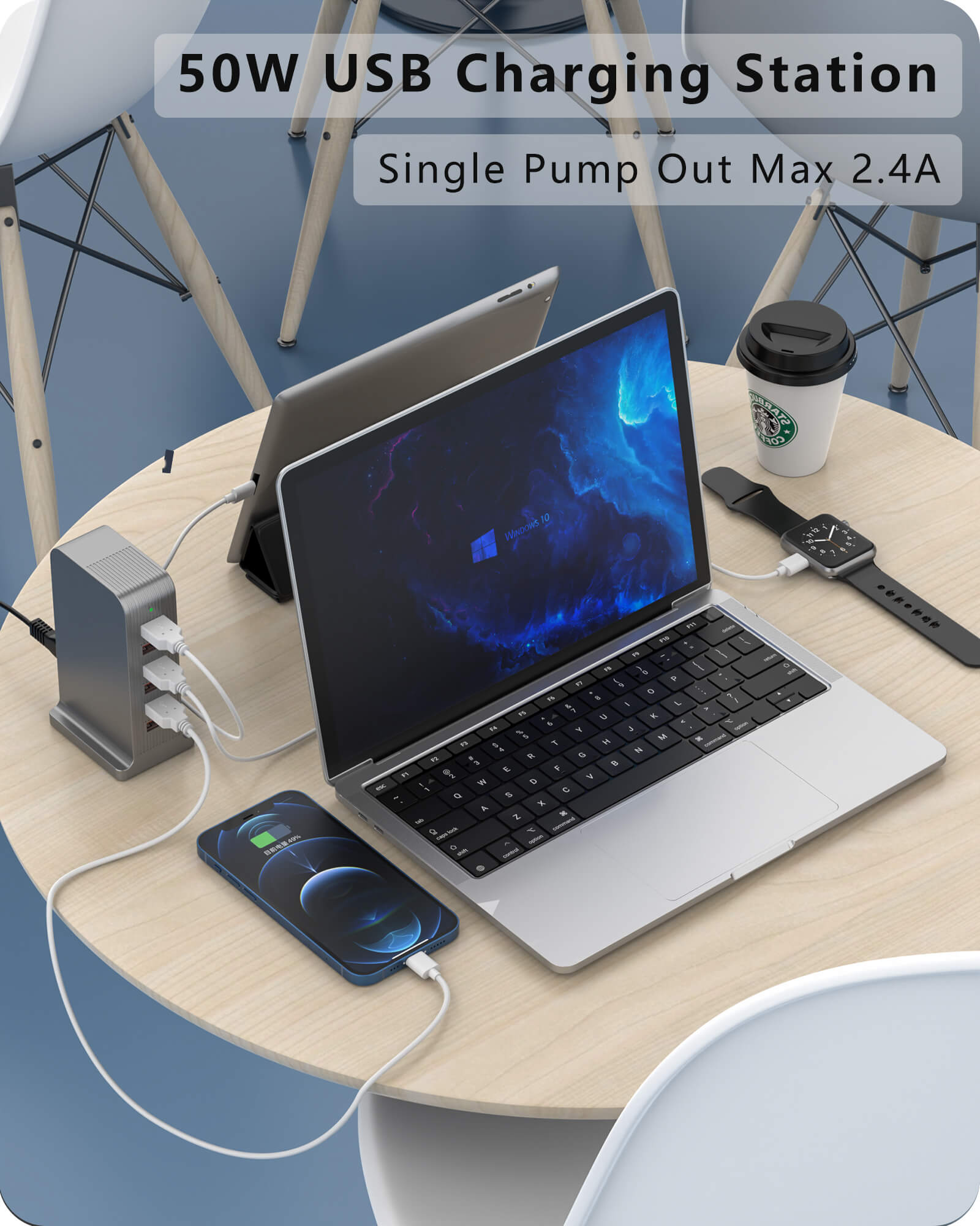 VPSUN 50W USB Charging Station on a table with a laptop, phone, and smartwatch, single port output max 2.4A