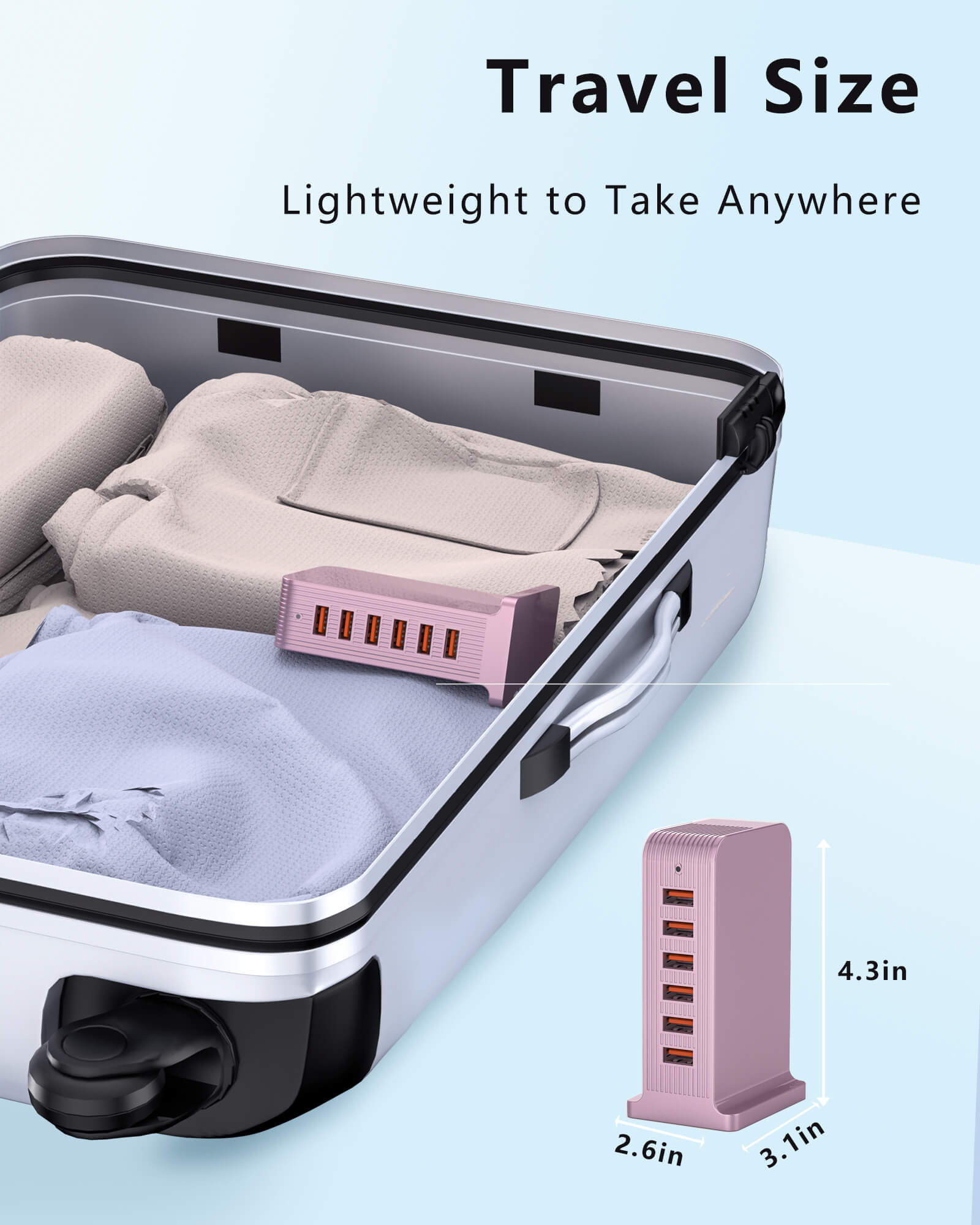 VPSUN 50W 6-Port USB Charging Station in rose pink, travel size, lightweight and compact, fitting easily in a suitcase.