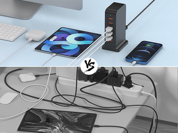 VPSUN 50W USB Charging Station - Comparison of an organized setup with VPSUN charger versus a cluttered setup with multiple chargers. Efficient and tidy charging solution