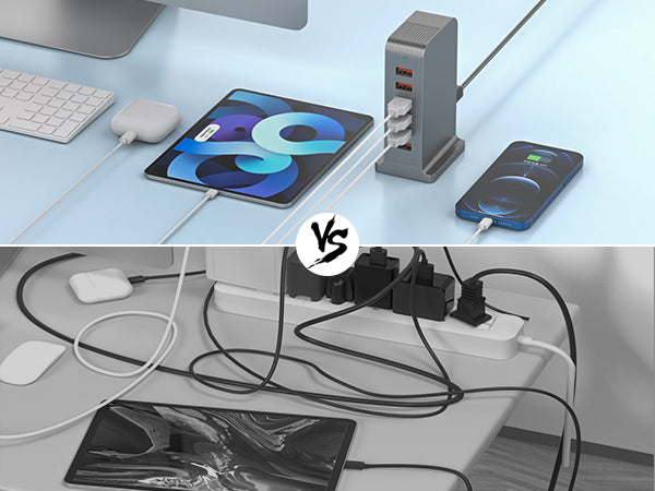 Comparison of VPSUN 50W USB Charging Station vs traditional power strips with multiple adapters