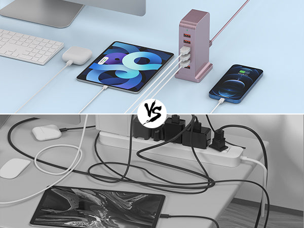 Comparison of VPSUN 50W 6-Port USB Charging Station in rose pink with traditional chargers, highlighting organized vs. cluttered charging setup.