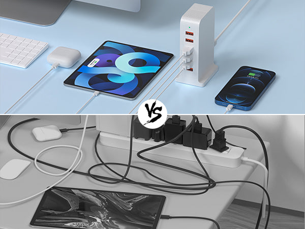 Comparison of VPSUN 50W 6-Port USB Charging Station with traditional chargers, highlighting organized vs. cluttered charging setup.