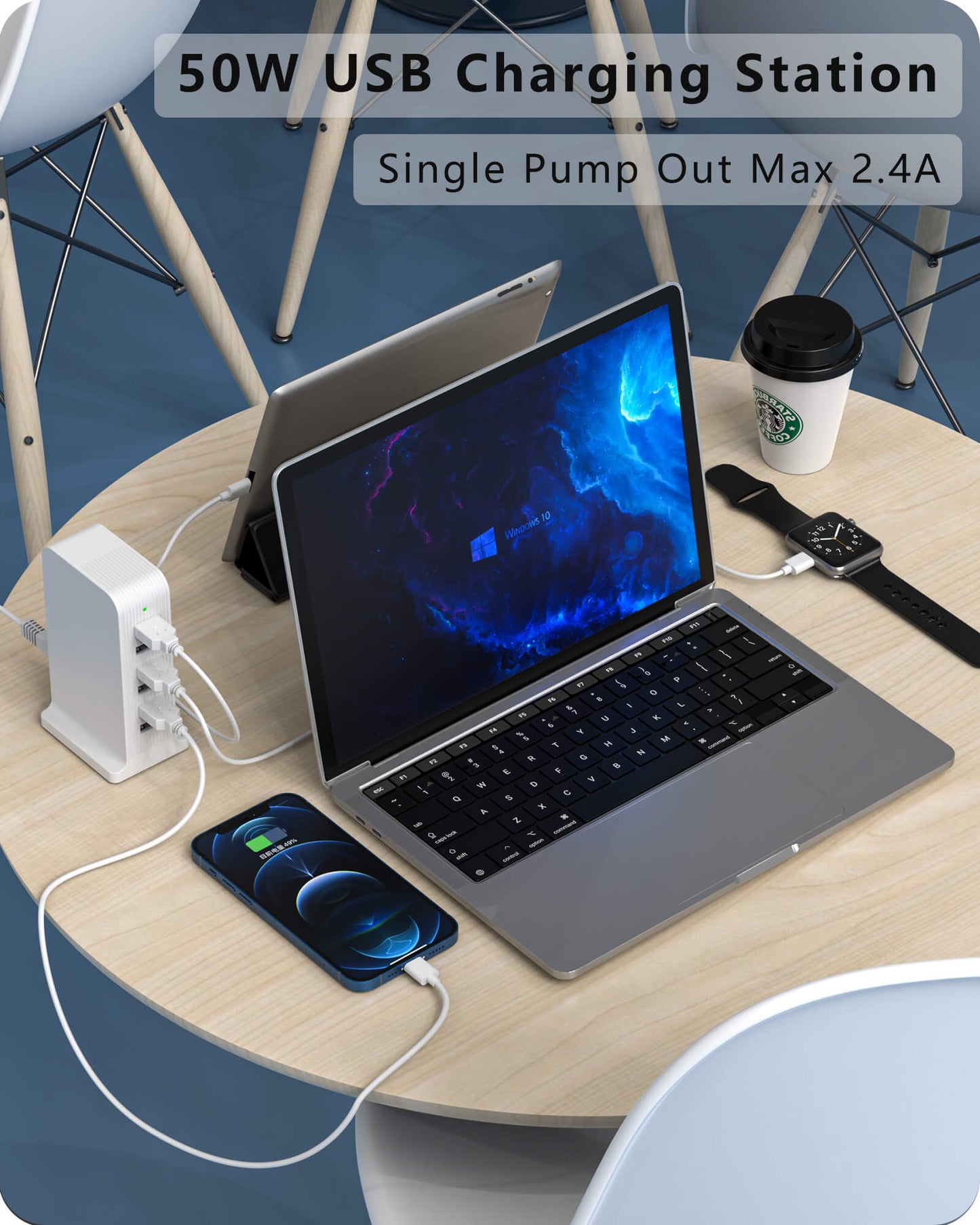 VPSUN 50W 6-Port USB Charging Station in use on a table, charging multiple devices including a laptop, smartphone, and smartwatch