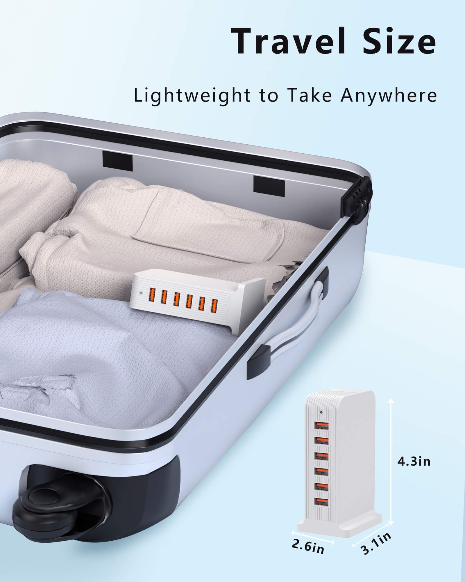 VPSUN 50W 6-Port USB Charging Station, travel size, lightweight and compact, fitting easily in a suitcase.