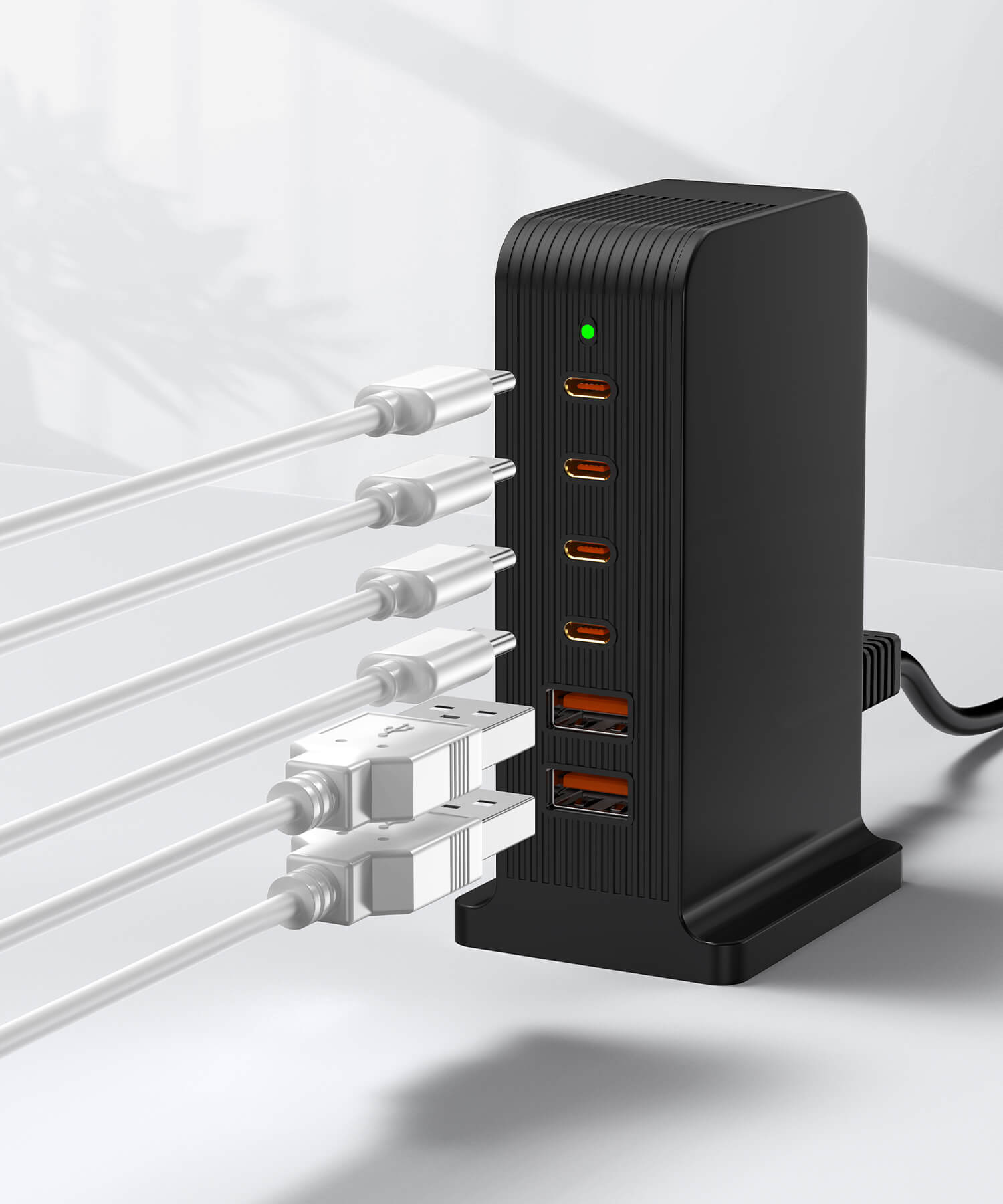 VPSUN 55W 6-Port USB-C Charging Station in Black, illustrating port outputs including 4 USB-C and 2 USB-A ports