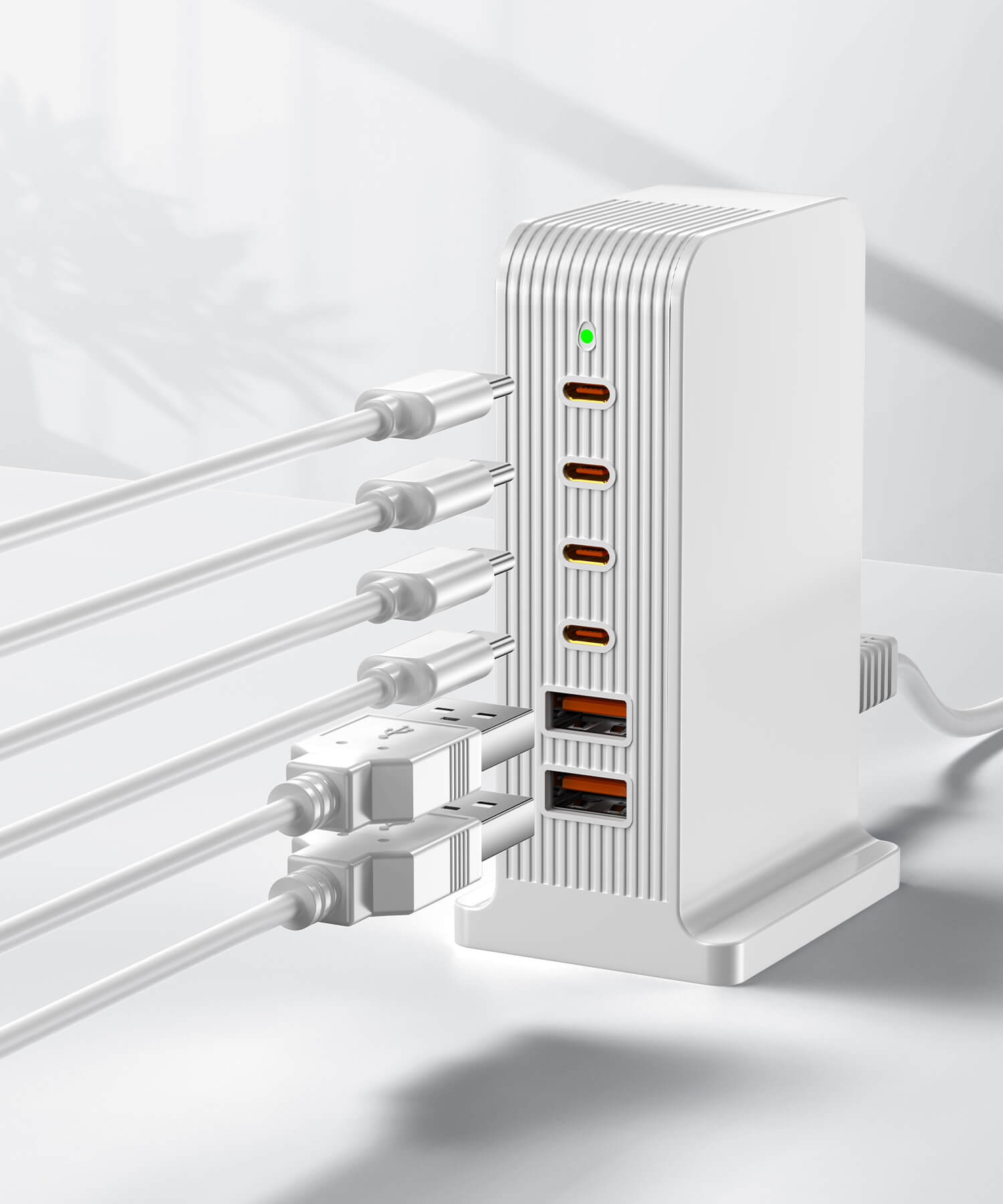 VPSUN 55W 6-Port USB-C Charging Station featuring 4 USB-C ports and 2 USB-A ports in White