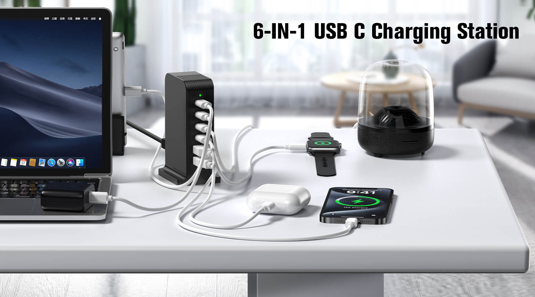 VPSUN 55W 6-Port USB-C Charging Station 6-in-1 in Black, set up on a desk charging multiple devices including a laptop, smartwatch, and smartphone