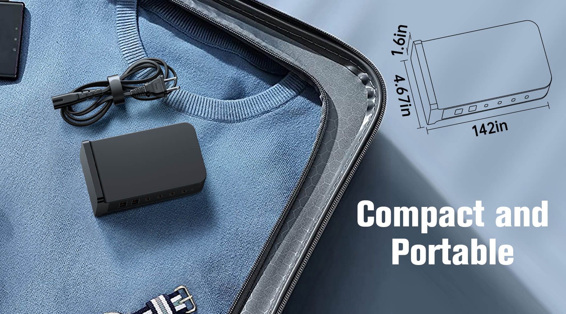 VPSUN 55W 6-Port USB-C Charging Station in Black, compact and portable design, fitting in a travel bag