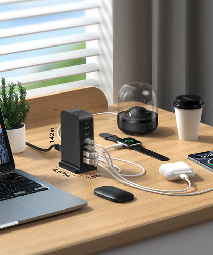 VPSUN 55W 6-Port USB-C Charging Station in Black, showing dimensions of 4.67 x 1.6 x 1.42 inches, placed on a desk charging multiple devices