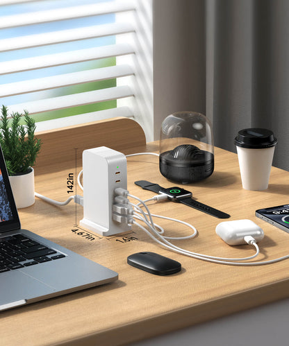 VPSUN 55W 6-Port USB-C Charging Station dimensions 4.6 x 1.6 x 1.42 inches in White, placed on a desk charging multiple devices