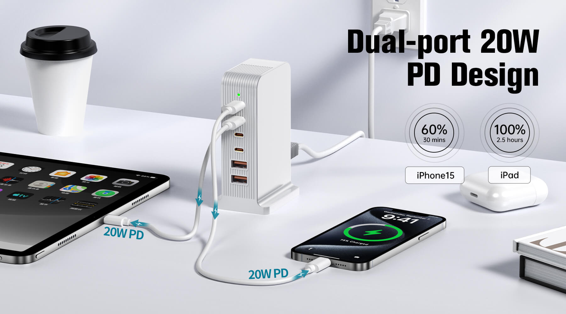 VPSUN 55W 6-Port USB-C Charging Station with Dual 20W PD Ports in White, charging an iPhone 15 and iPad