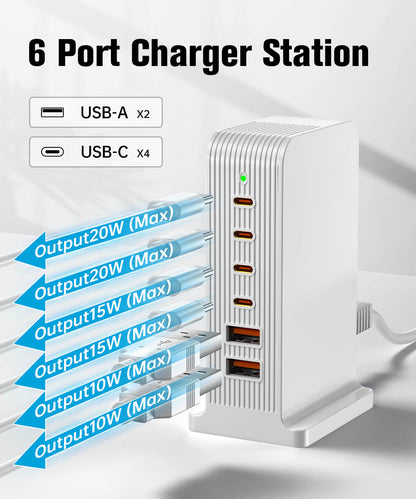 VPSUN 55W 6-Port USB-C Charging Station in White, illustrating port outputs including 4 USB-C and 2 USB-A ports