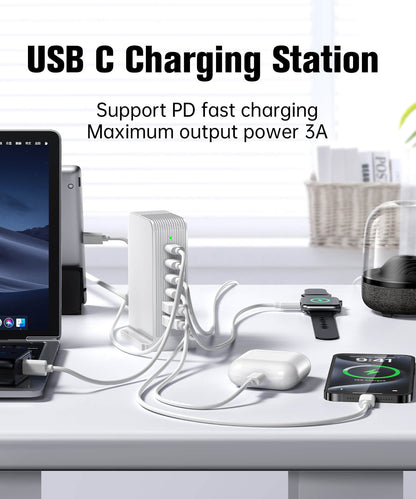 VPSUN 55W 6-Port USB-C Charging Station in White, supporting PD fast charging with a maximum output power of 3A, charging multiple devices simultaneously