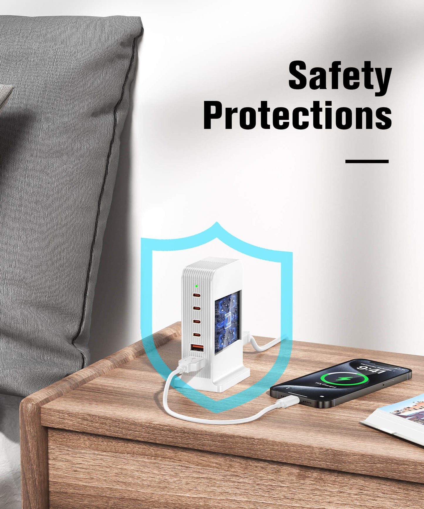 VPSUN 55W 6-Port USB-C Charging Station in White, featuring safety protections, placed on a nightstand charging a smartphone