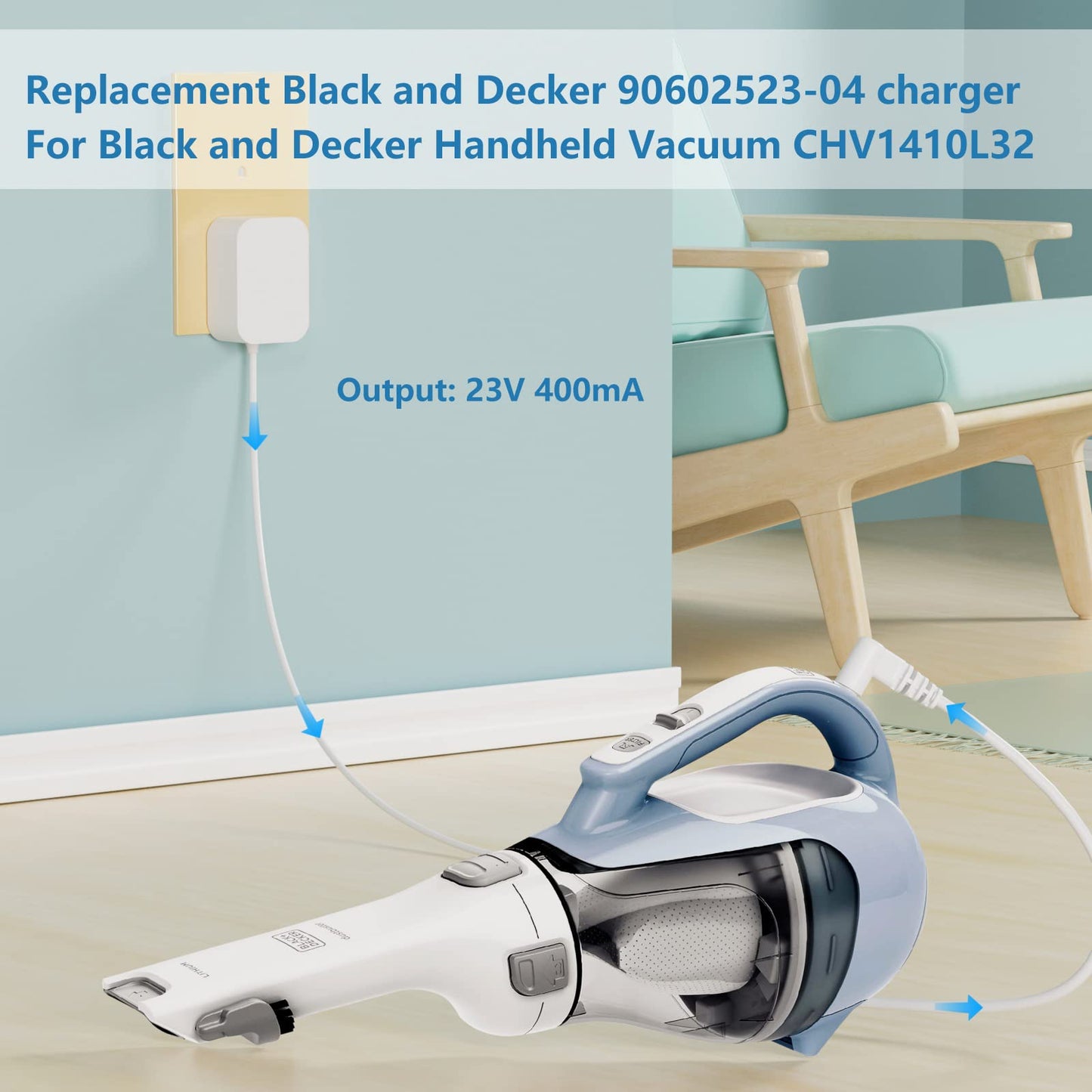 VHBW 23V Charger for Black and Decker Vacuum N511997 90602523-04 Black+Decker S010QU2300040 HHVK515JP07APB HHVK515JP07 HHVK515J00FF CHV1410L32 Dustbuster Handheld Vacuum Power Supply Cord - 4.9FT
