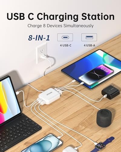 USB Charging Station 20W 8-Port USB-C PD Fast Charger Hub with PC Material for iPhone/iPad